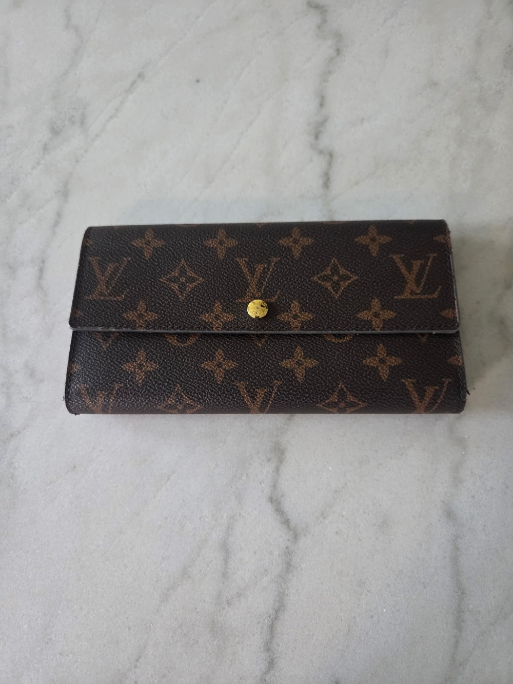 Louis Vuitton Inspired Monogram Envelope Wallet in Brown and Gold-Tone